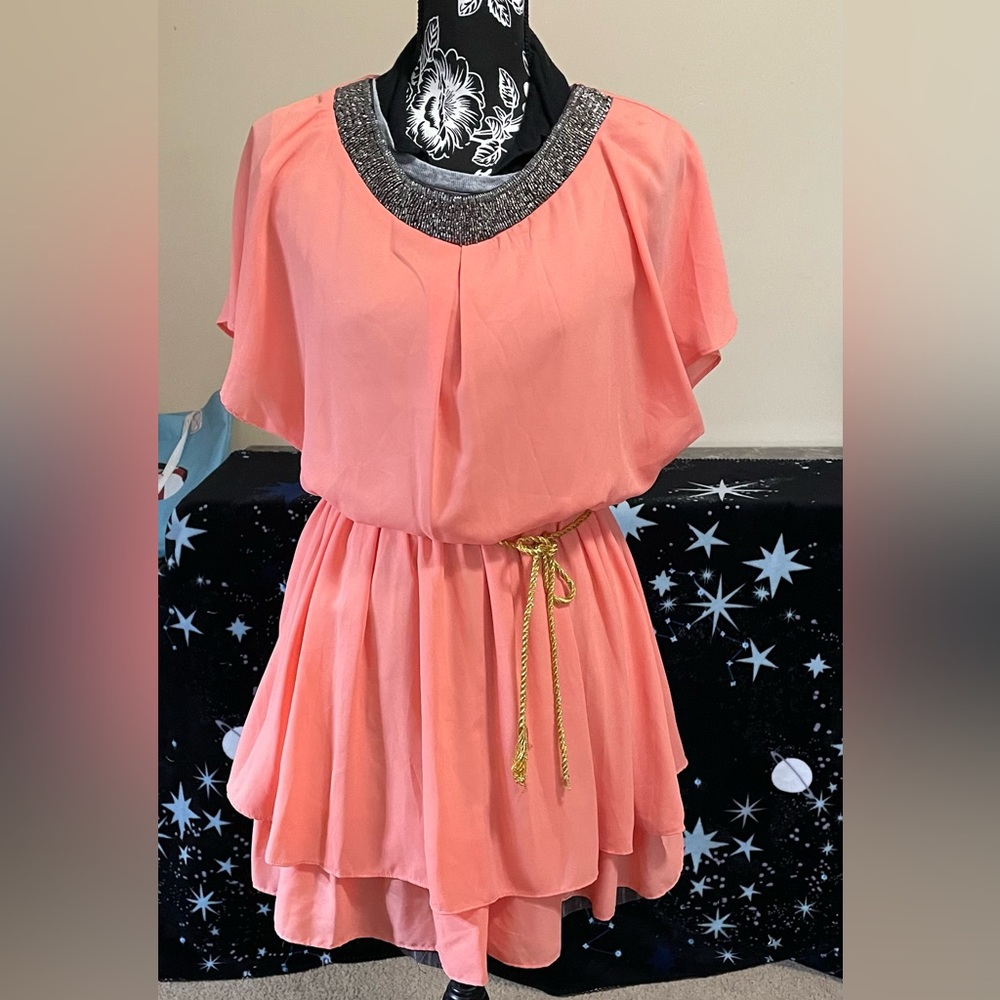 Meng Fei Liu beaded collar double layer peach chiffon mini dress.